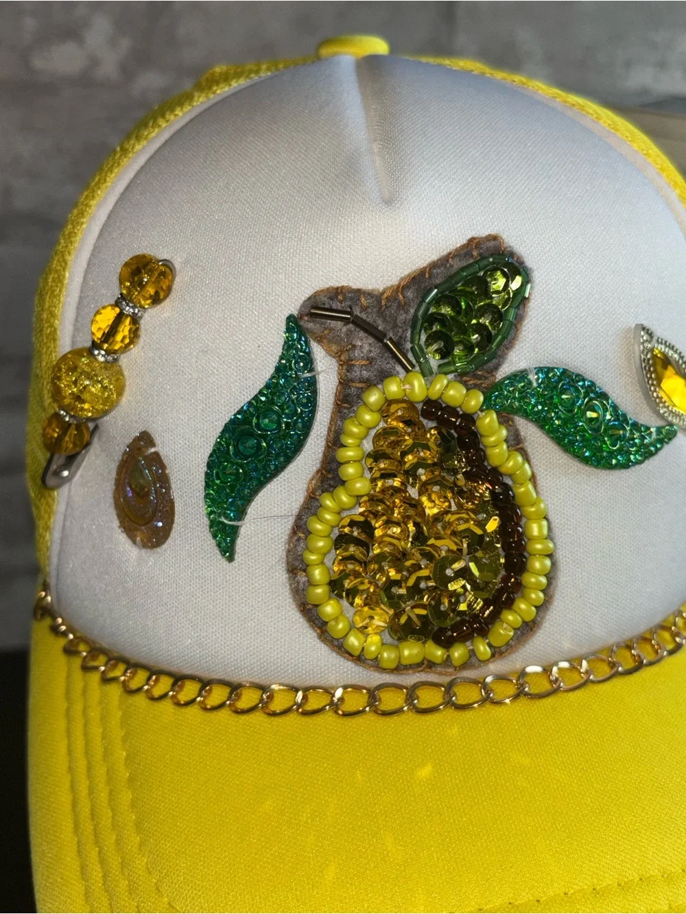 Handmade Embellished White & Yellow Sequin Baseball Cap NWT